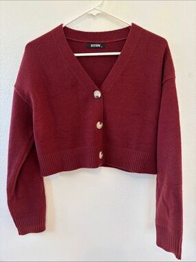 BTFBM Wine Red Cropped V-Neck Cardigan-650sku